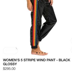 Aviator Nation Black Glossy Track Pants with Rainbow Five-Stripes